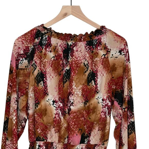 Elementz Earth Tones Deep V Neck Ruffled Cinched Long Sleeve Romantic Blouse - Picture 4 of 7